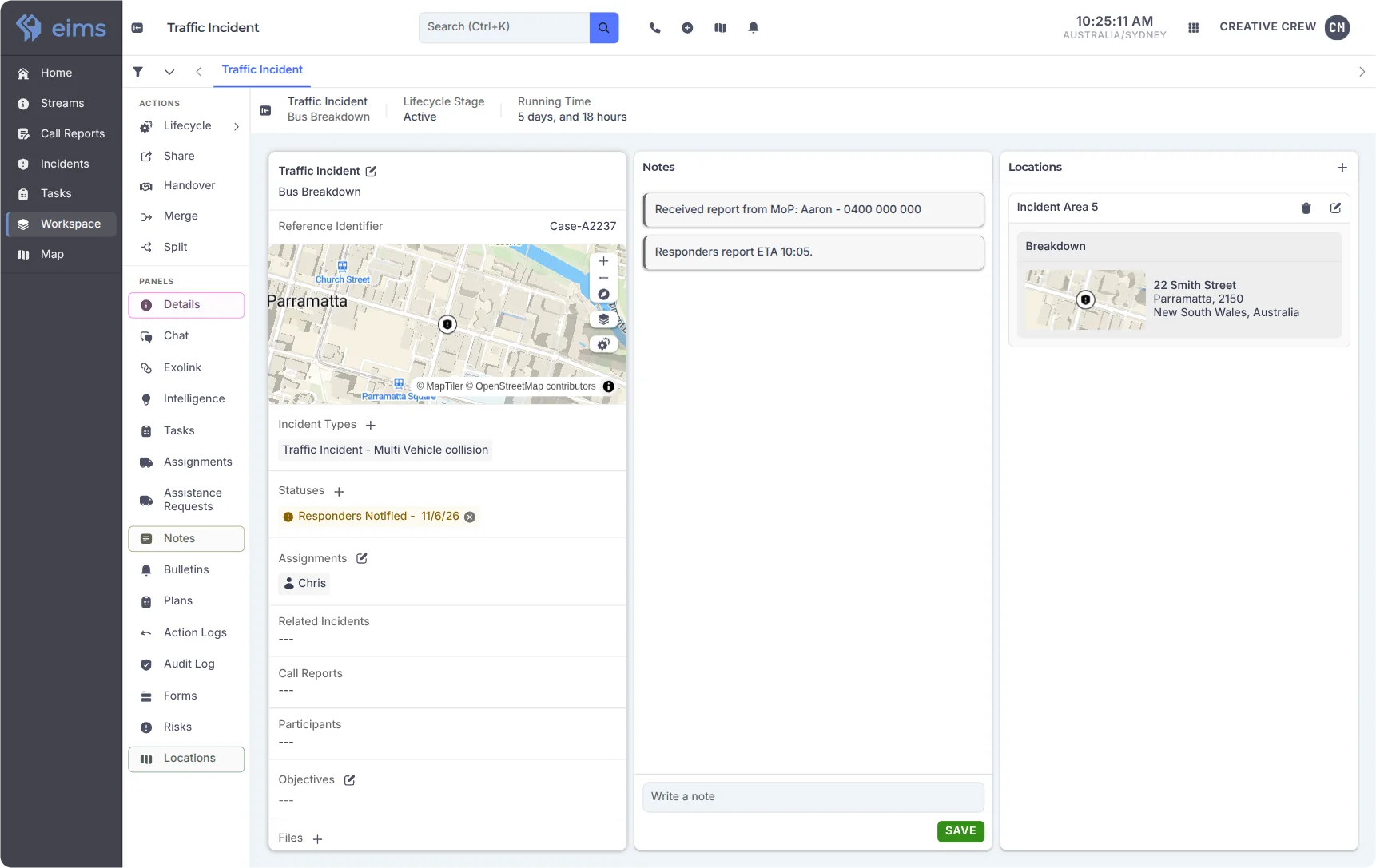 Resolve EIMS incident workspace showing an active traffic incident
